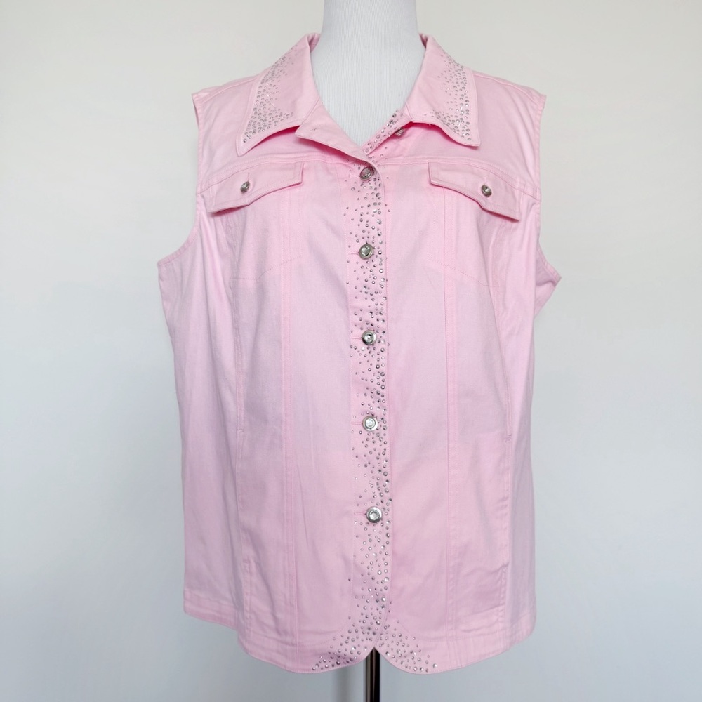 Quacker Factory Bedazzled Light Pink Jean Vest Womens Size XL Sparkle Cowgirl